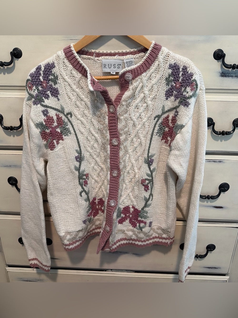 Vintage Russ Floral Knit Cardigan Boho Granny Sweater Small